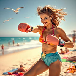 A lively beach scene featuring a confident woman in a colorful bikini engaged in boxing