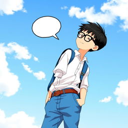 A young boy with short black hair wearing glasses, dressed in a stylish white shirt and blue pants with a brown belt, stands outdoors on a sunny day