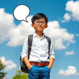 A young boy with short black hair wearing glasses, dressed in a stylish white shirt and blue pants with a brown belt, stands outdoors on a sunny day