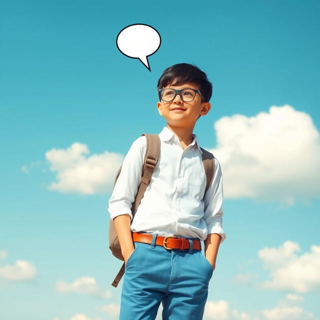 A young boy with short black hair wearing glasses, dressed in a stylish white shirt and blue pants with a brown belt, stands outdoors on a sunny day