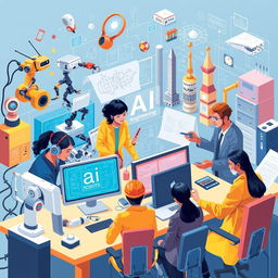 An intricate illustration depicting the integration of artificial intelligence in engineering activities