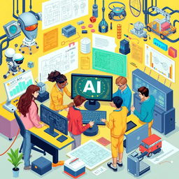 An intricate illustration depicting the integration of artificial intelligence in engineering activities