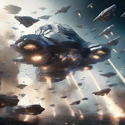 A high-quality digital art image depicts a massive futuristic spaceship battle