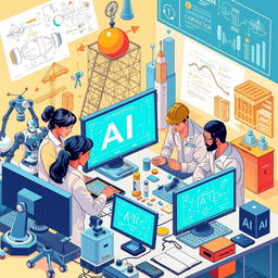 An intricate illustration depicting the integration of artificial intelligence in engineering activities