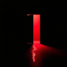 A black dark room featuring a mid-open door, from which a striking red light emanates, illuminating the space around it