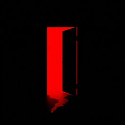 A black dark room featuring a mid-open door, from which a striking red light emanates, illuminating the space around it