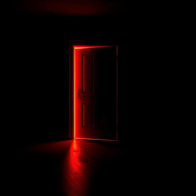 A black dark room featuring a mid-open door, from which a striking red light emanates, illuminating the space around it