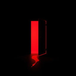 A black dark room featuring a mid-open door, from which a striking red light emanates, illuminating the space around it