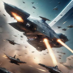 A high-quality digital art image depicts a massive futuristic spaceship battle