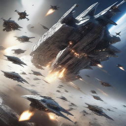 A high-quality digital art image depicts a massive futuristic spaceship battle