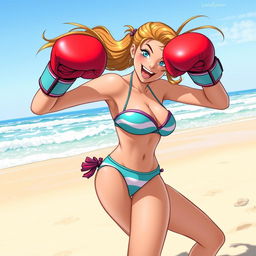 A dynamic and energetic scene featuring Maddie Fenton, a character known for her adventurous spirit, at the beach