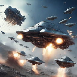 A high-quality digital art image depicts a massive futuristic spaceship battle