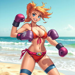 A dynamic and energetic scene featuring Maddie Fenton, a character known for her adventurous spirit, at the beach