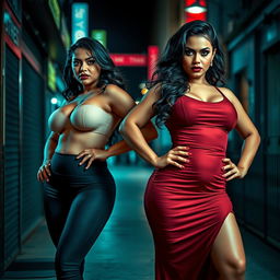 A captivating scene featuring two stunning desi women, one wearing form-fitting leggings and the other in a stylish dress, both accentuating their curvy, hourglass figures