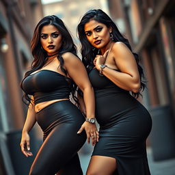 A captivating scene featuring two stunning desi women, one wearing form-fitting leggings and the other in a stylish dress, both accentuating their curvy, hourglass figures