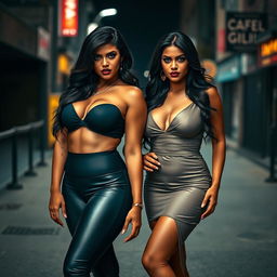 A captivating scene featuring two stunning desi women, one wearing form-fitting leggings and the other in a stylish dress, both accentuating their curvy, hourglass figures