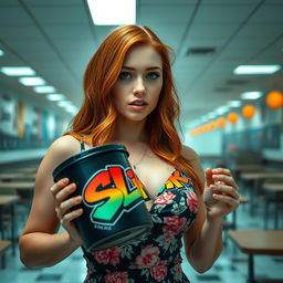 A close-up shot of a gorgeous female redhead, wearing a floral pattern sundress that elegantly showcases her figure