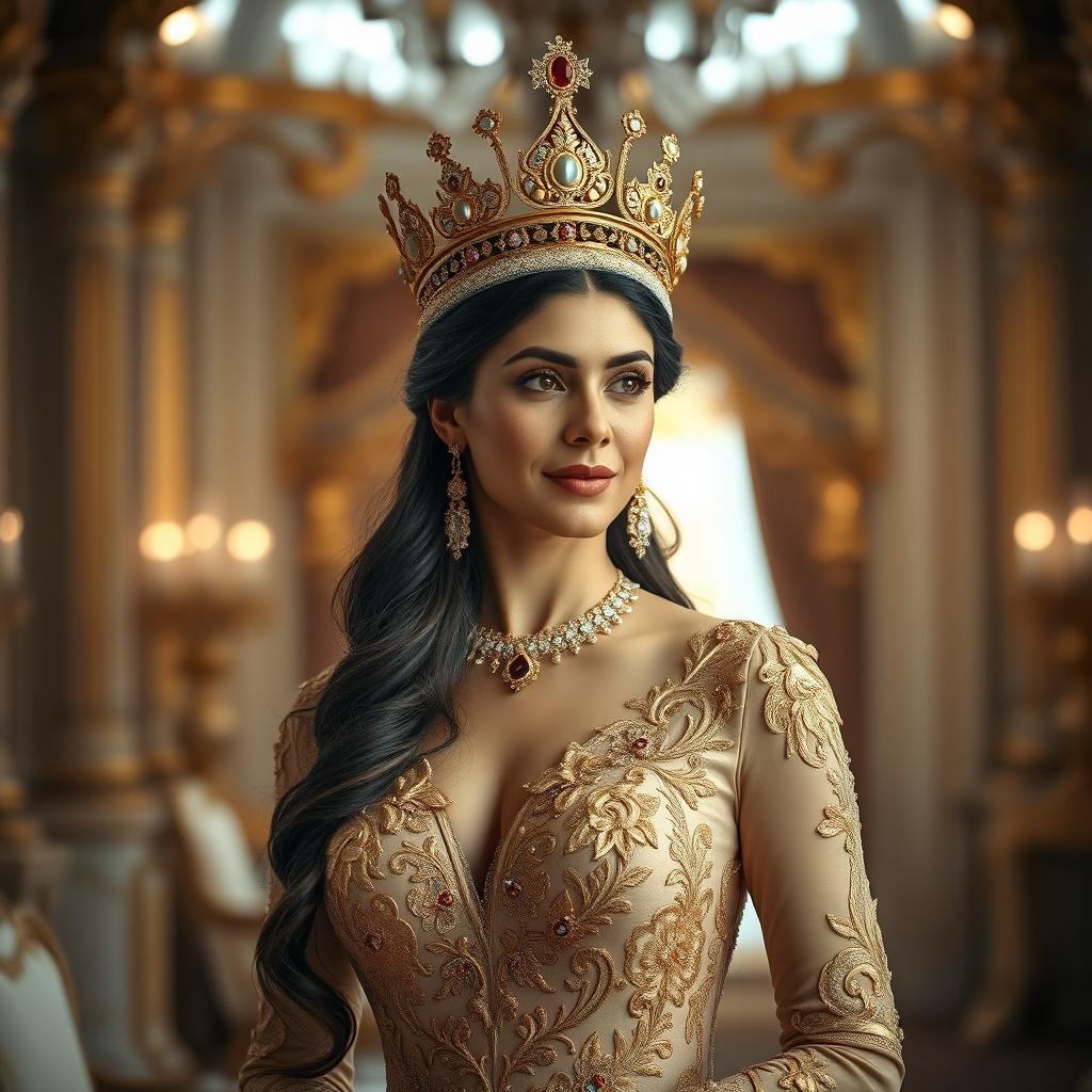 A stunning portrait of Rania Al-Majid, adorned in an exquisite royal gown, with intricate gold embroidery and a majestic golden crown embellished with jewels