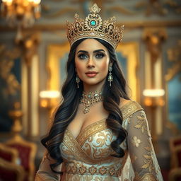 A stunning portrait of Rania Al-Majid, adorned in an exquisite royal gown, with intricate gold embroidery and a majestic golden crown embellished with jewels