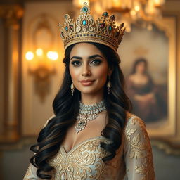 A stunning portrait of Rania Al-Majid, adorned in an exquisite royal gown, with intricate gold embroidery and a majestic golden crown embellished with jewels