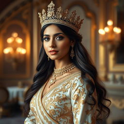 A stunning portrait of Rania Al-Majid, adorned in an exquisite royal gown, with intricate gold embroidery and a majestic golden crown embellished with jewels