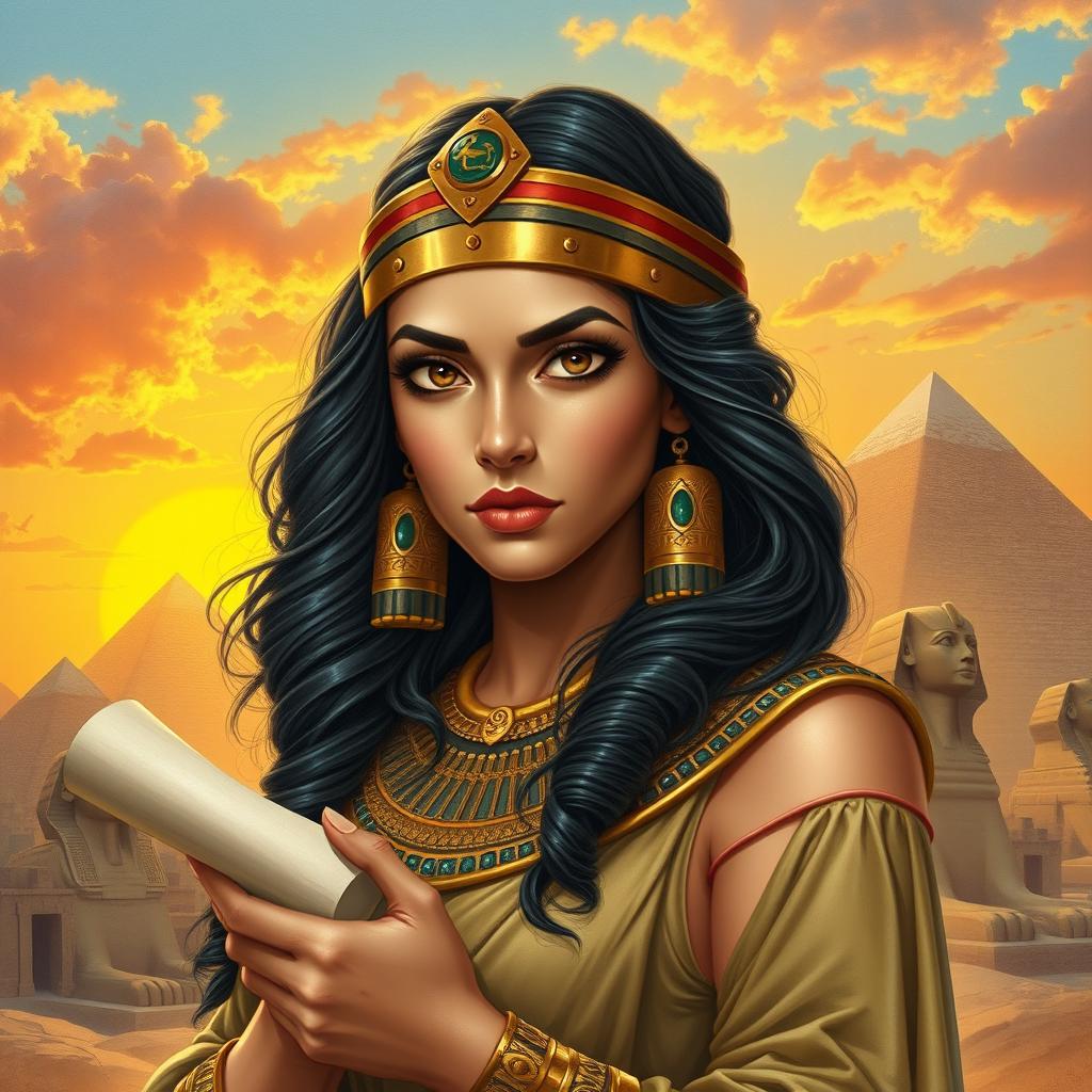 A detailed study of Cleopatra, showcasing her in an ancient Egyptian setting
