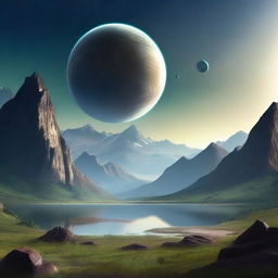 A high-quality, realistic digital art image depicts a serene mountainous planet devoid of human life