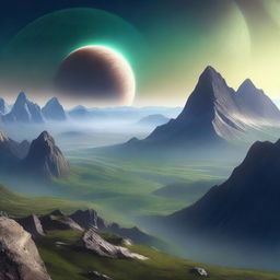 A high-quality, realistic digital art image depicts a serene mountainous planet devoid of human life