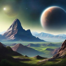 A high-quality, realistic digital art image depicts a serene mountainous planet devoid of human life