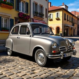 A vintage Renault 4L in a sleek gray color, parked on a charming European cobblestone street