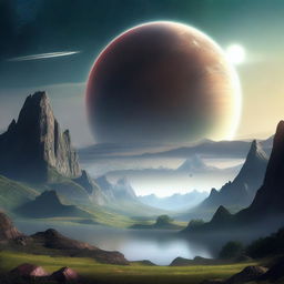 A high-quality, realistic digital art image depicts a serene mountainous planet devoid of human life