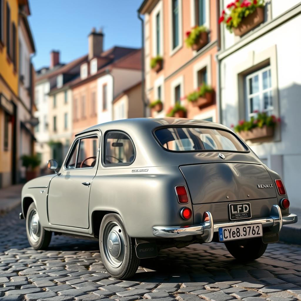 A vintage Renault 4L in a sleek gray color, parked on a charming European cobblestone street