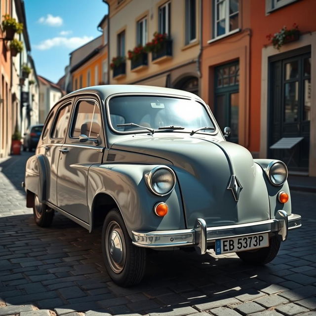 A vintage Renault 4L in a sleek gray color, parked on a charming European cobblestone street