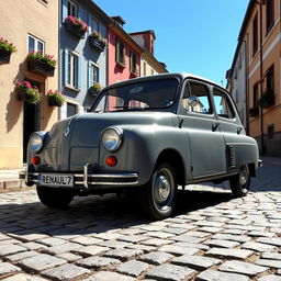 A vintage Renault 4L in a sleek gray color, parked on a charming European cobblestone street