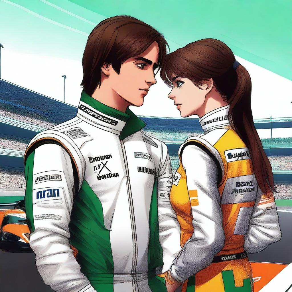 A high-quality digital art image featuring a McLaren F1 driver seen from the back, with his racing suit showcasing the team's logo