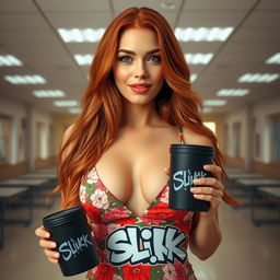 A close-up portrait of a gorgeous female redhead with long flowing hair, adorned in a vibrant floral pattern sundress that accentuates her large chest and cleavage