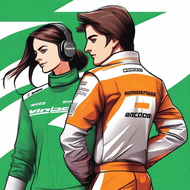 A high-quality digital art image featuring a McLaren F1 driver seen from the back, with his racing suit showcasing the team's logo