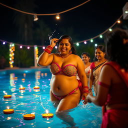 A festive scene of a newly married chubby Indian woman celebrating Diwali at a night-time pool party