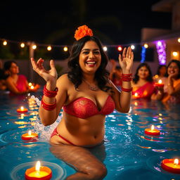 A festive scene of a newly married chubby Indian woman celebrating Diwali at a night-time pool party