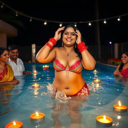 A festive scene of a newly married chubby Indian woman celebrating Diwali at a night-time pool party