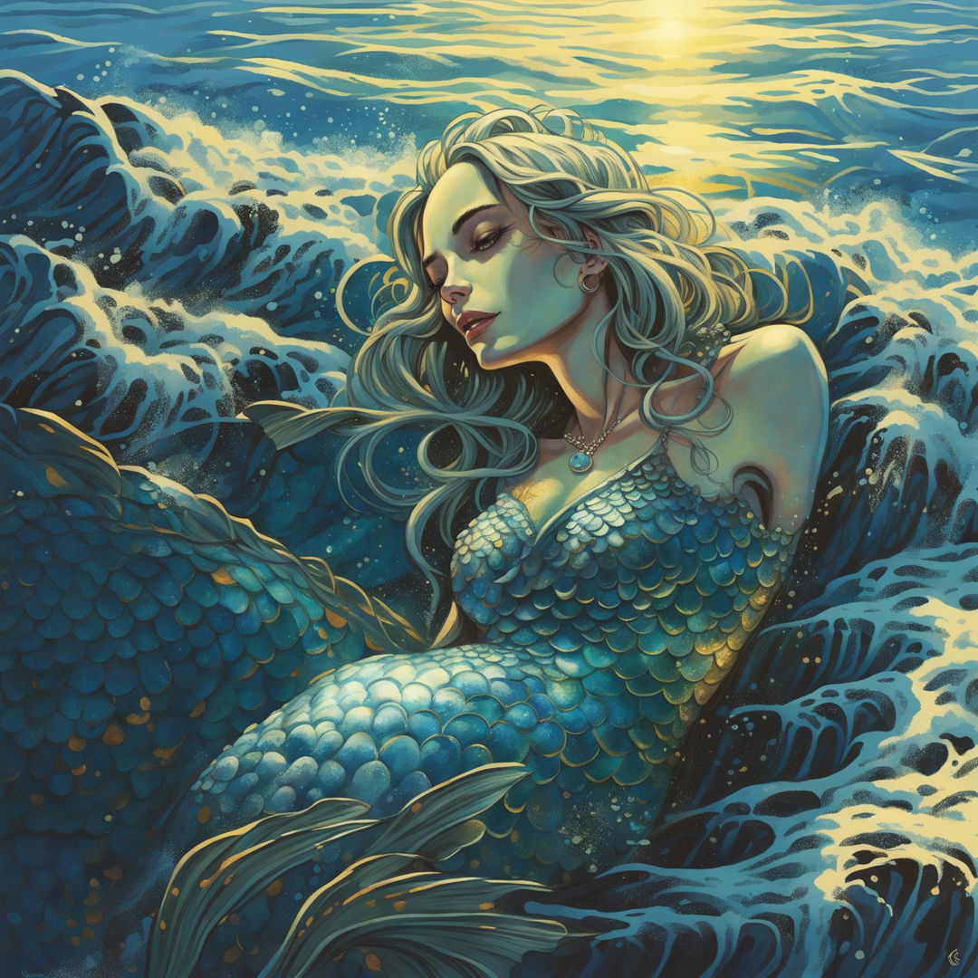 This high-quality digital art image portrays an elderly mermaid basking in the sun on a rock protruding from the azure ocean