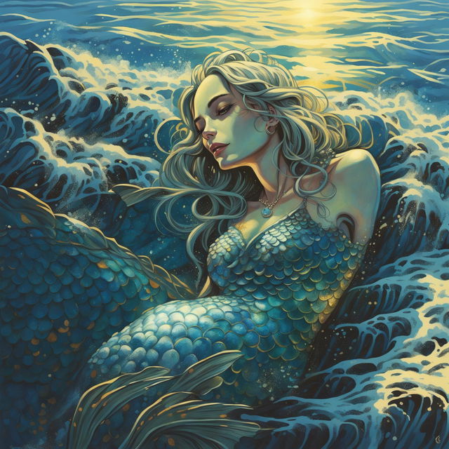 This high-quality digital art image portrays an elderly mermaid basking in the sun on a rock protruding from the azure ocean