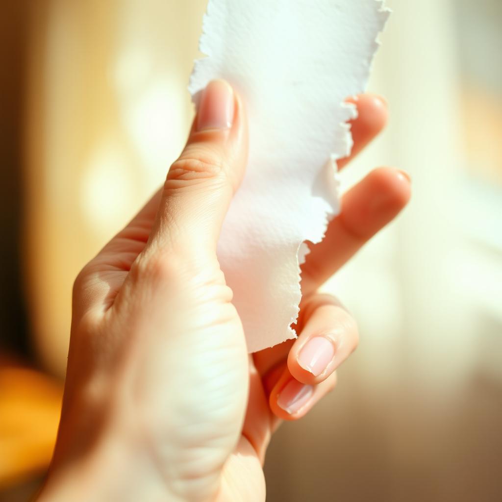 A close-up of a feminine hand gently holding a torn piece of paper, showcasing delicate fingers with painted nails