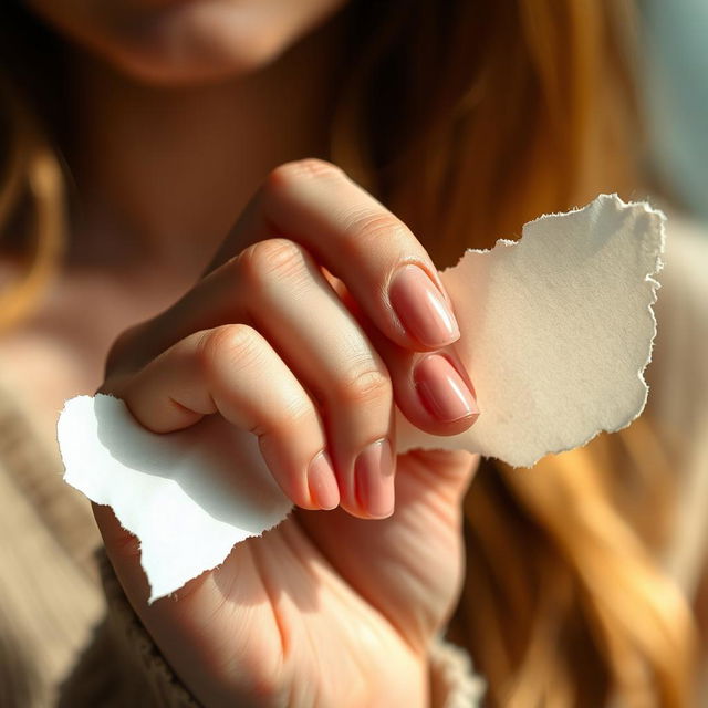 A close-up of a feminine hand gently holding a torn piece of paper, showcasing delicate fingers with painted nails