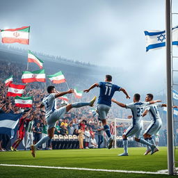 A dynamic and intense sports scene capturing the excitement of a soccer match between the teams of Iran and Israel