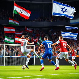 A dynamic and intense sports scene capturing the excitement of a soccer match between the teams of Iran and Israel