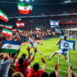A dynamic and intense sports scene capturing the excitement of a soccer match between the teams of Iran and Israel