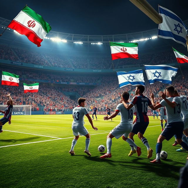 A dynamic and intense sports scene capturing the excitement of a soccer match between the teams of Iran and Israel