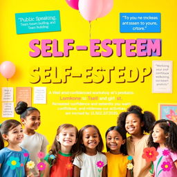 A vibrant and inviting advertisement for a confidence and self-esteem workshop specifically designed for girls