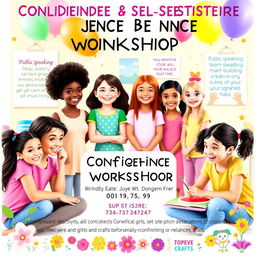 A vibrant and inviting advertisement for a confidence and self-esteem workshop specifically designed for girls